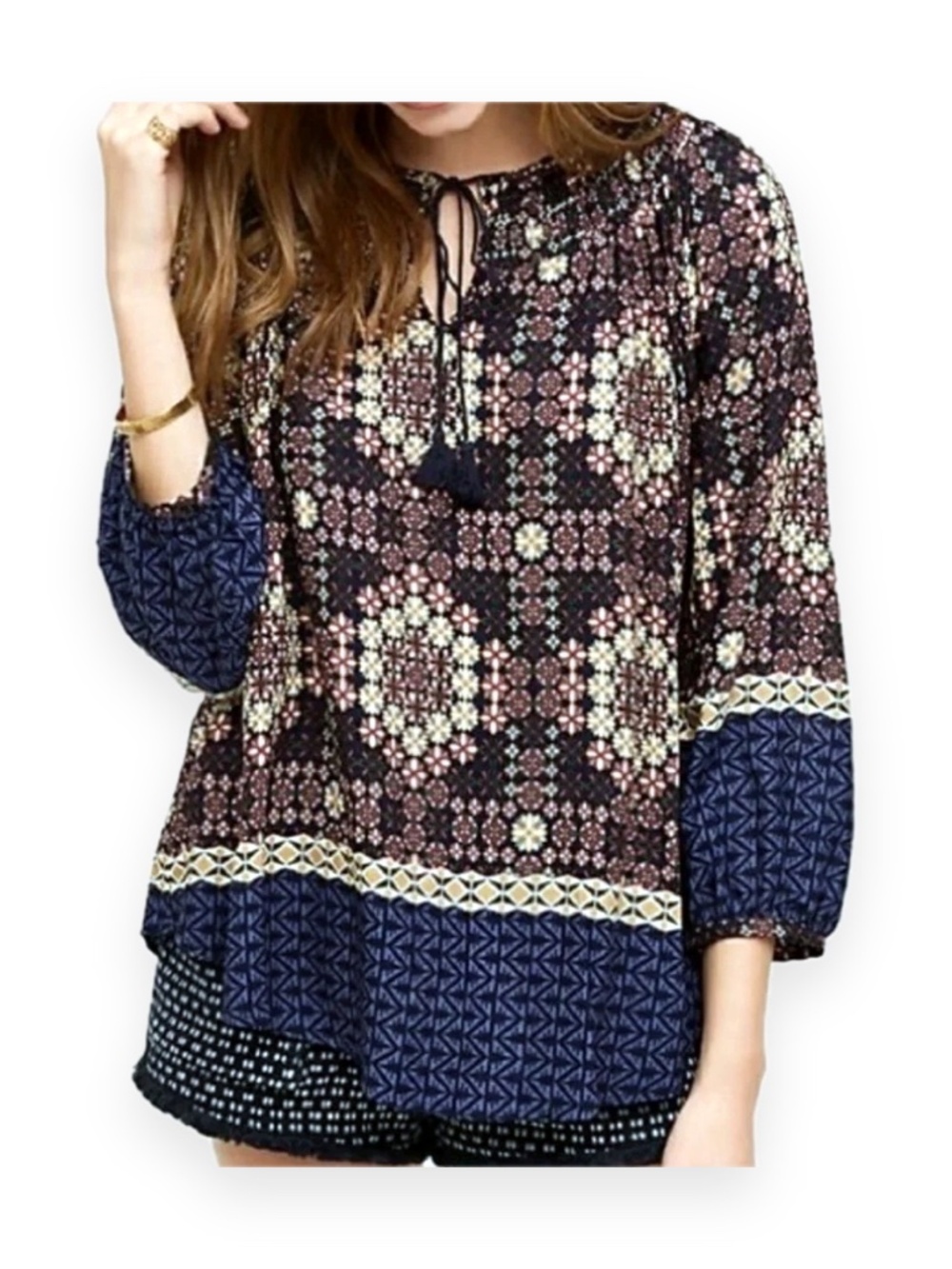 Anthropologie Boho Medallion Print Tassel Tie Peasant Blouse Sz Large